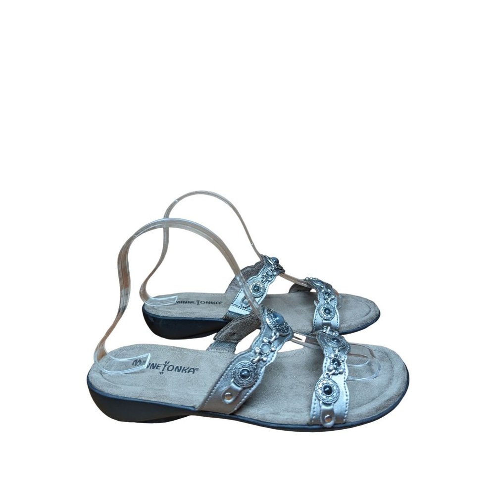 Minnetonka Boca III Pewter Women's Leather Slide Sandals Size 8 NWOB